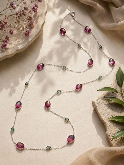 Silver Tourmaline & Emerald Station Necklace