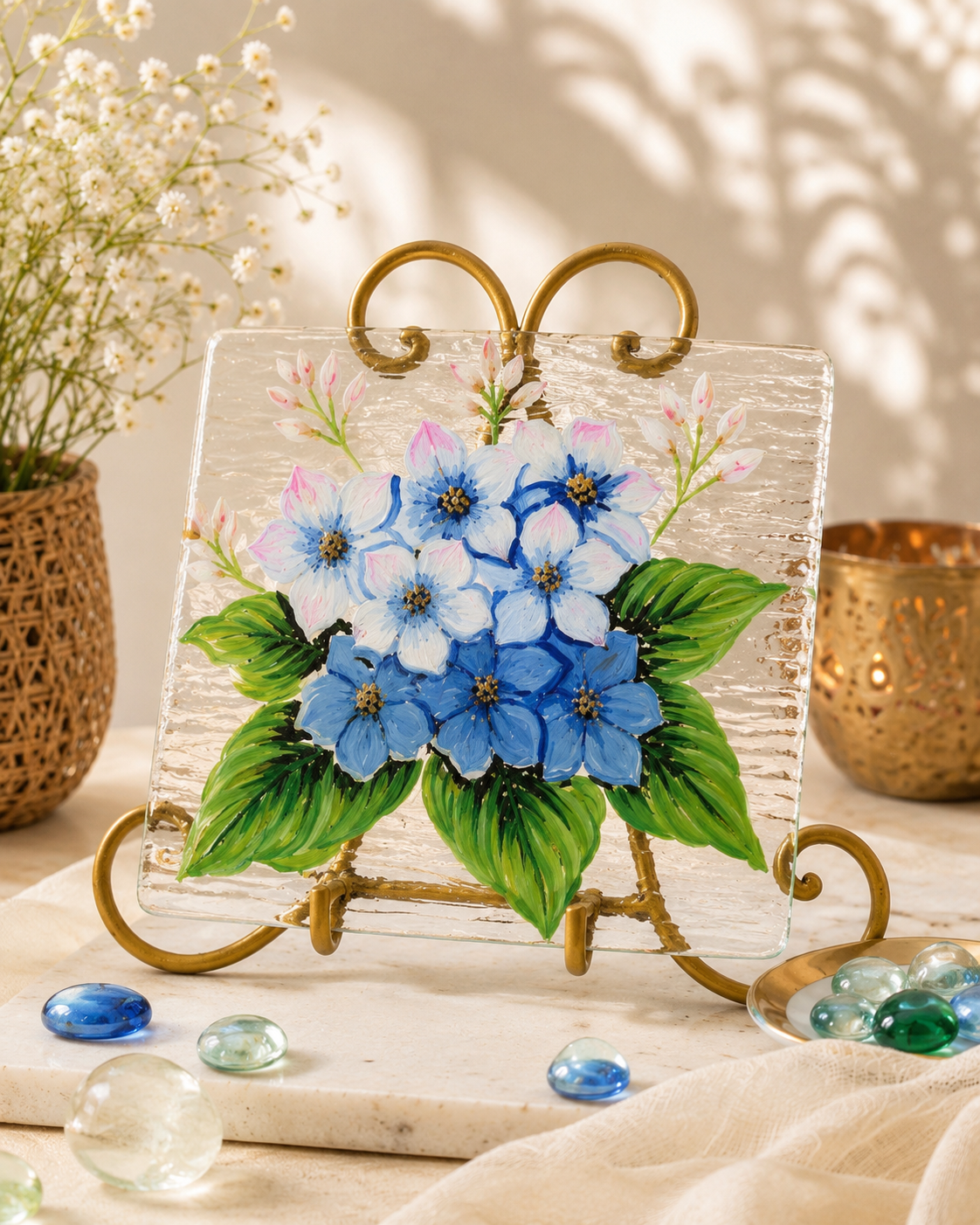 Blooms by Praccessorii- Hand-Painted Blue Hydrangea Glass Décor