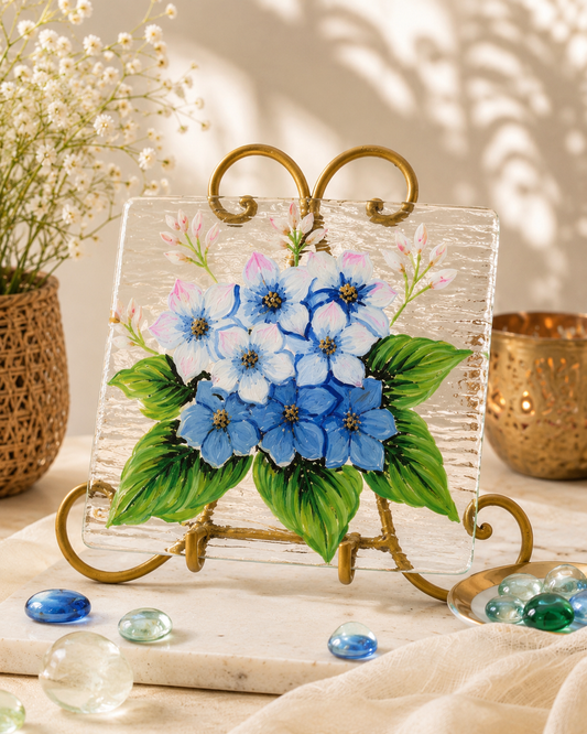 Blooms by Praccessorii- Hand-Painted Blue Hydrangea Glass Décor