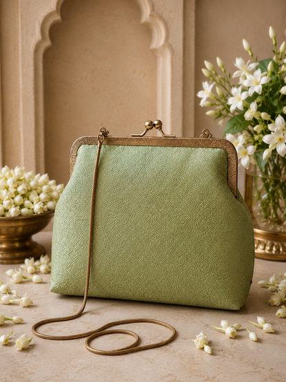 Pastel Green Silk Brocade Evening Clutch