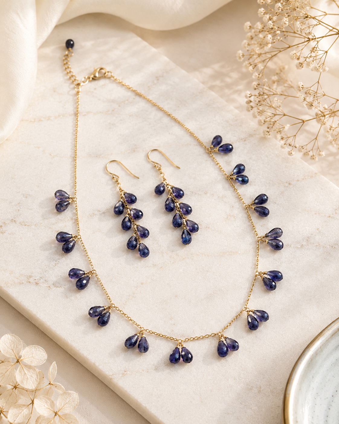 Iolite Cascade Necklace & Earrings Set