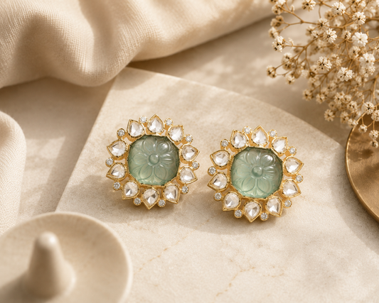 Carved Green Quartz & Moissanite Stud Earrings