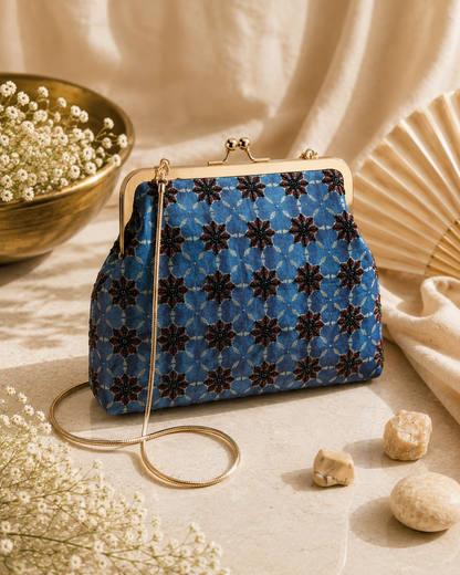 Heritage Blue Ajrak Silk Clutch