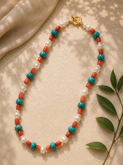 Coral Turquoise Pearl Necklace