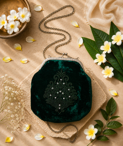 Deep Green Velvet Hand-Embroidered Evening Bag