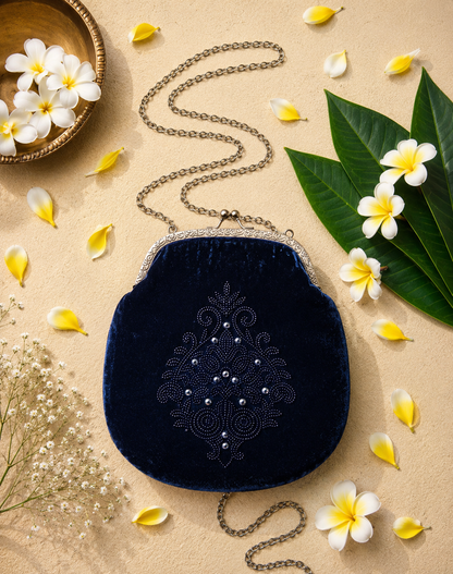 Deep Midnight Blue Velvet Hand-Embroidered Evening Bag