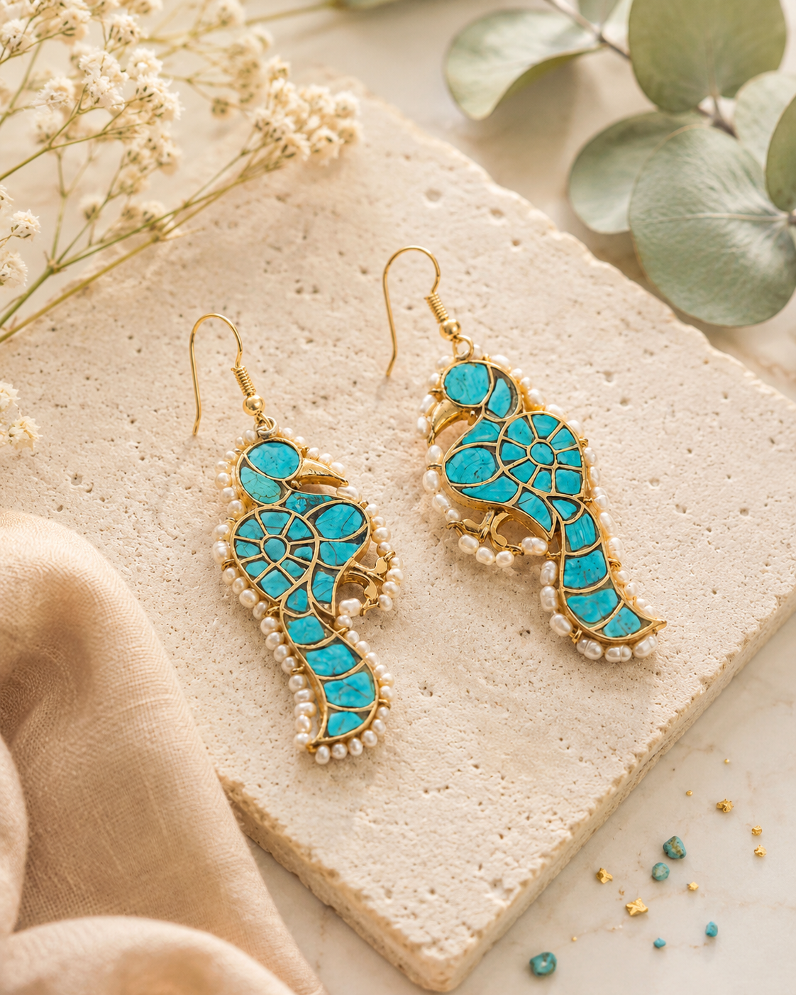 Turquoise Parrot Pearl Earrings