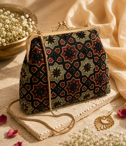 Heritage Black Ajrak Silk Clutch