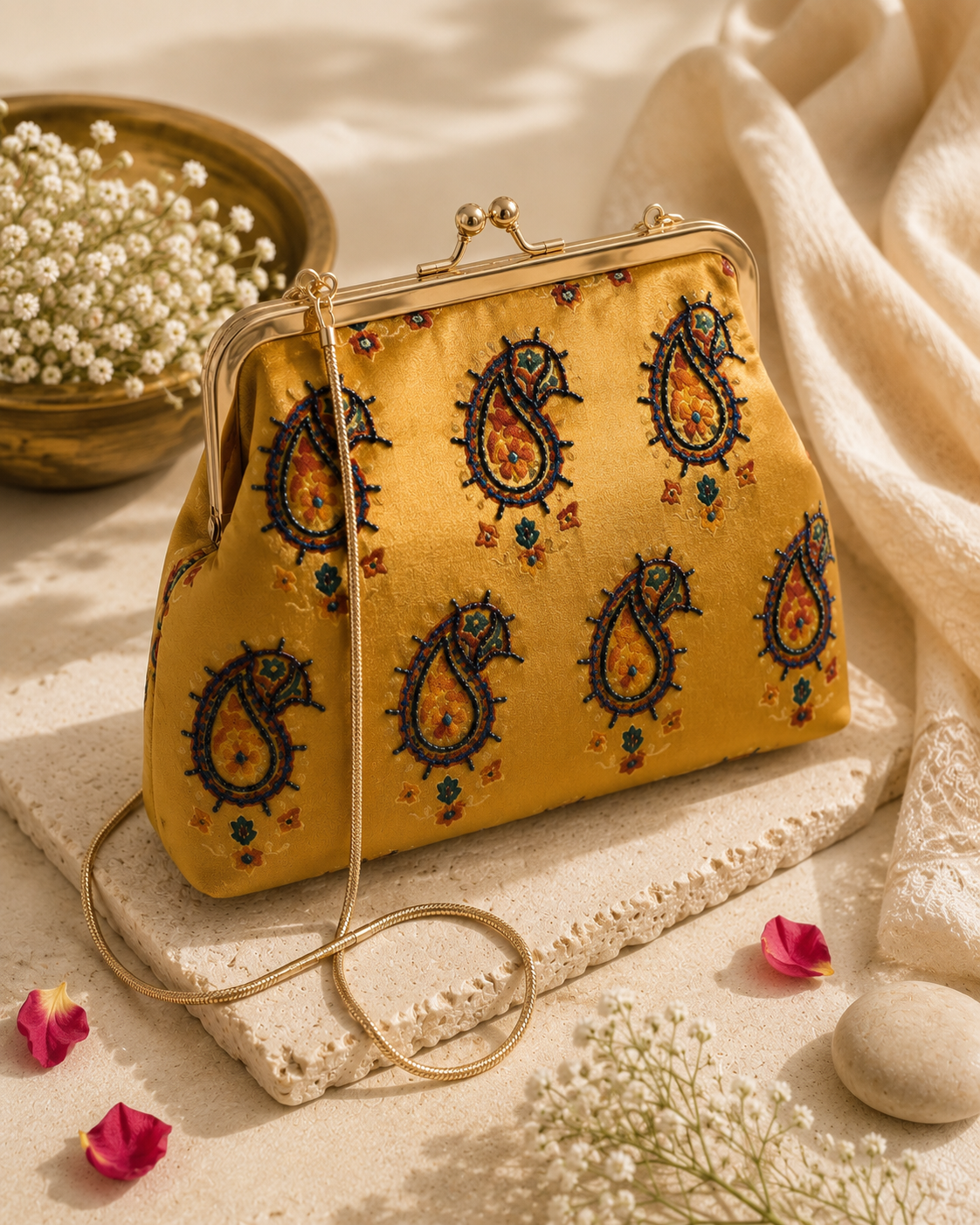 Heritage Mustard Yellow Ajrak with Paisley Silk Clutch