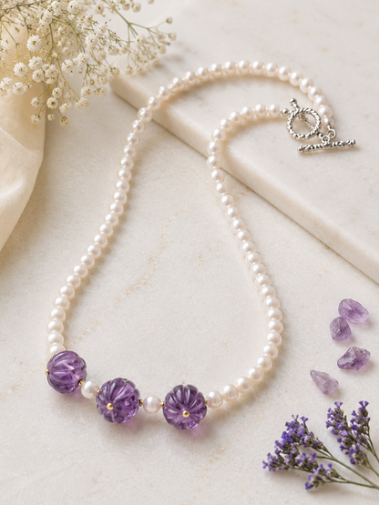 Amethyst & Pearl Melon Bead Necklace