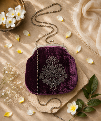 Deep Plum Purple Velvet Hand-Embroidered Evening Bag