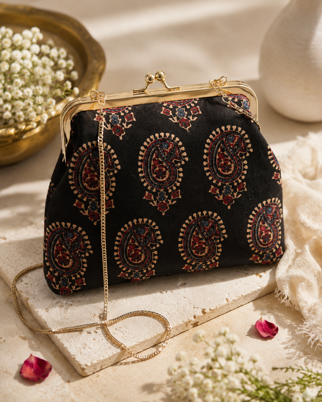 Heritage Black Ajrak with Paisley Silk Clutch