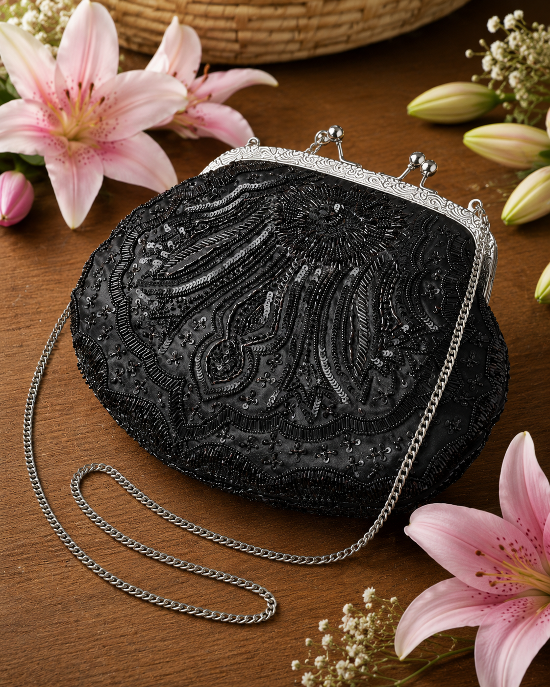 Black Hand-Embroidered Evening Clutch