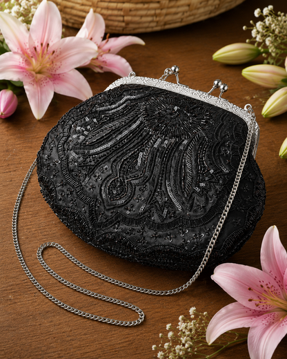 Black Hand-Embroidered Evening Clutch