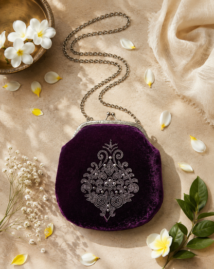 Deep Plum Velvet Hand-Embroidered Evening Bag