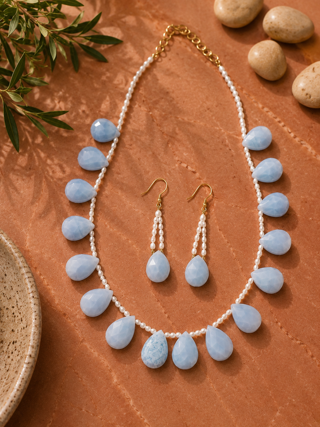 Powder Blue Chalcedony & Pearl Necklace Set