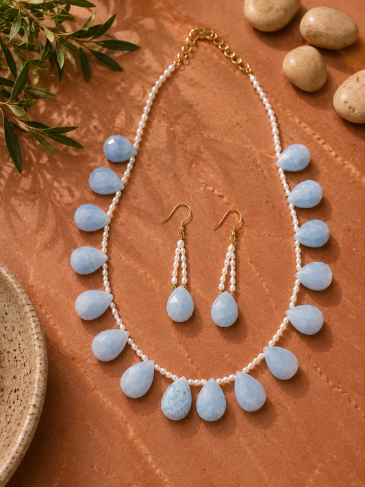 Powder Blue Chalcedony & Pearl Necklace Set
