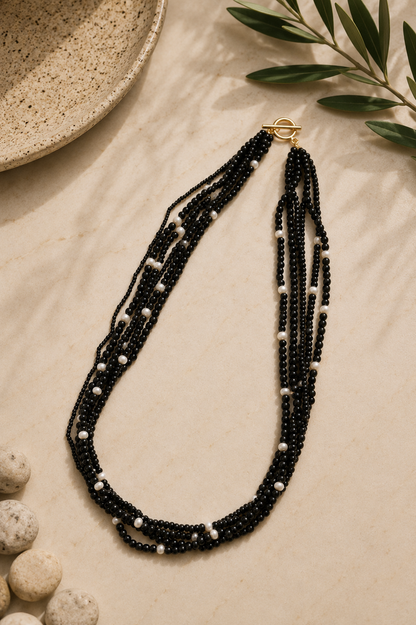 Midnight Black Onyx and Pearl Layered Necklace