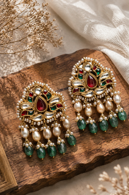 Kundan Pearl & Emerald Drop Earrings