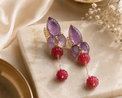 Amethyst and Red Aventurine Bloom Drop Earrings