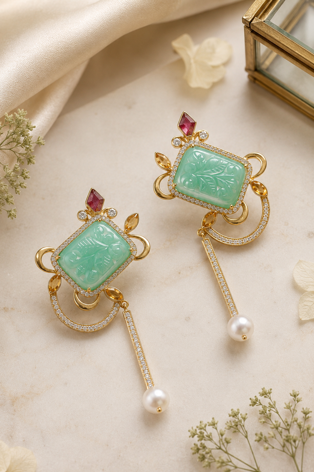 Hand-Carved Green Onyx Pearl Drop Earrings